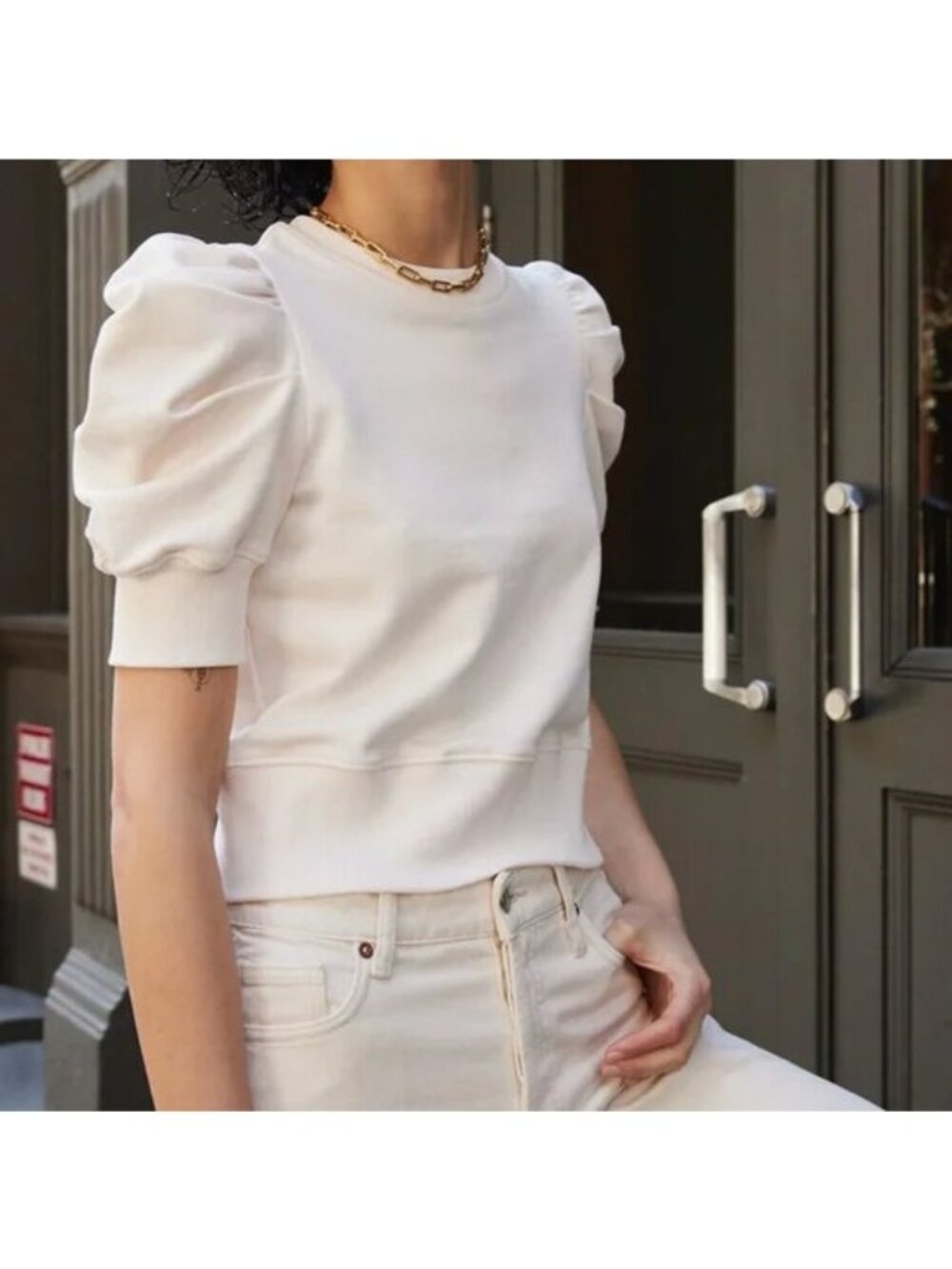 Soldout NYC Just Enough Puff Sleeved Sweatshirt XS Cream Pullover Cotton Fleece